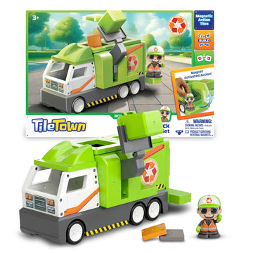 Tile Town Recycling Truck 15-Piece Magnetic Tile Playset, Interactive Stem Magnetic Tiles Toys, Includes 1 Action Figure And 2 A