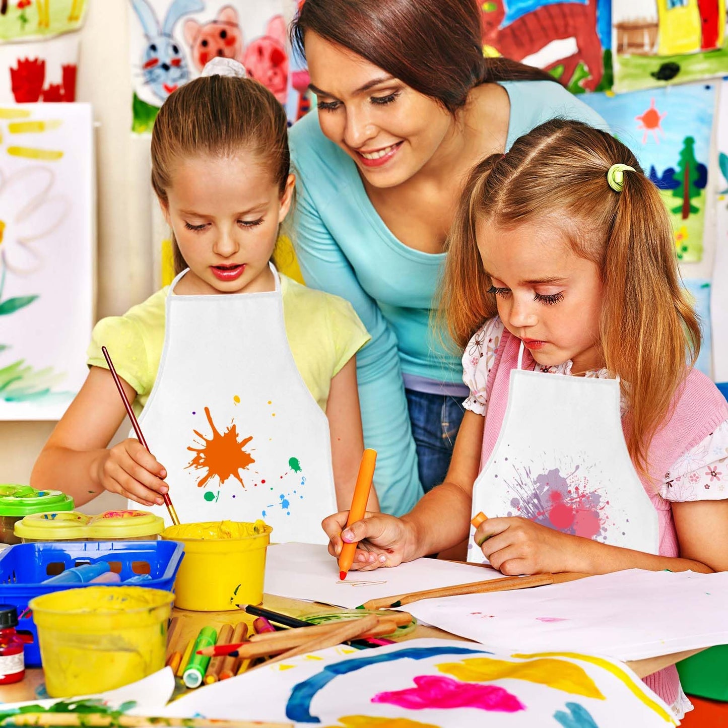 Kuuqa 24 Pack Kids Art Aprons Bulk White Children Painting Aprons Art Smocks For Craft Kitchen Classroom Painting Party Supplies