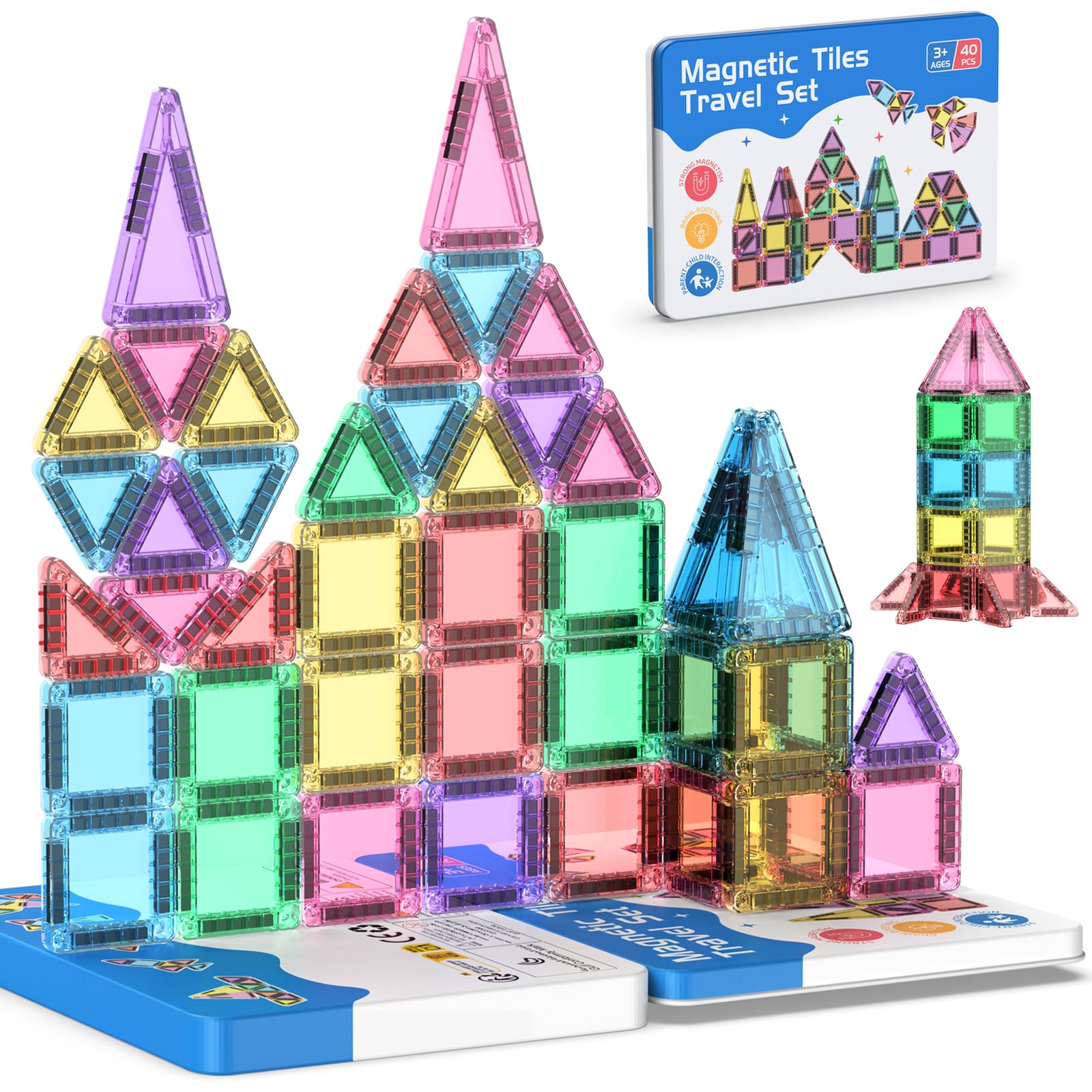 40PCS Mini Magnetic Tiles Travel Set Portable STEM Building Blocks for ...