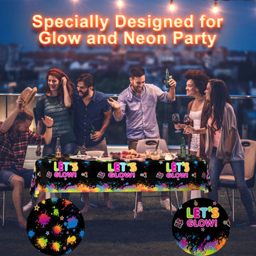 1 Pack Let'S Glow Tablecloth- Neon Party Table Cover, Disposable Plastic Rectangle Glow In The Dark Table Cloth For Neon Black Light Glow Party Table Decorations And Party Supplies, 51 X 86 Inch