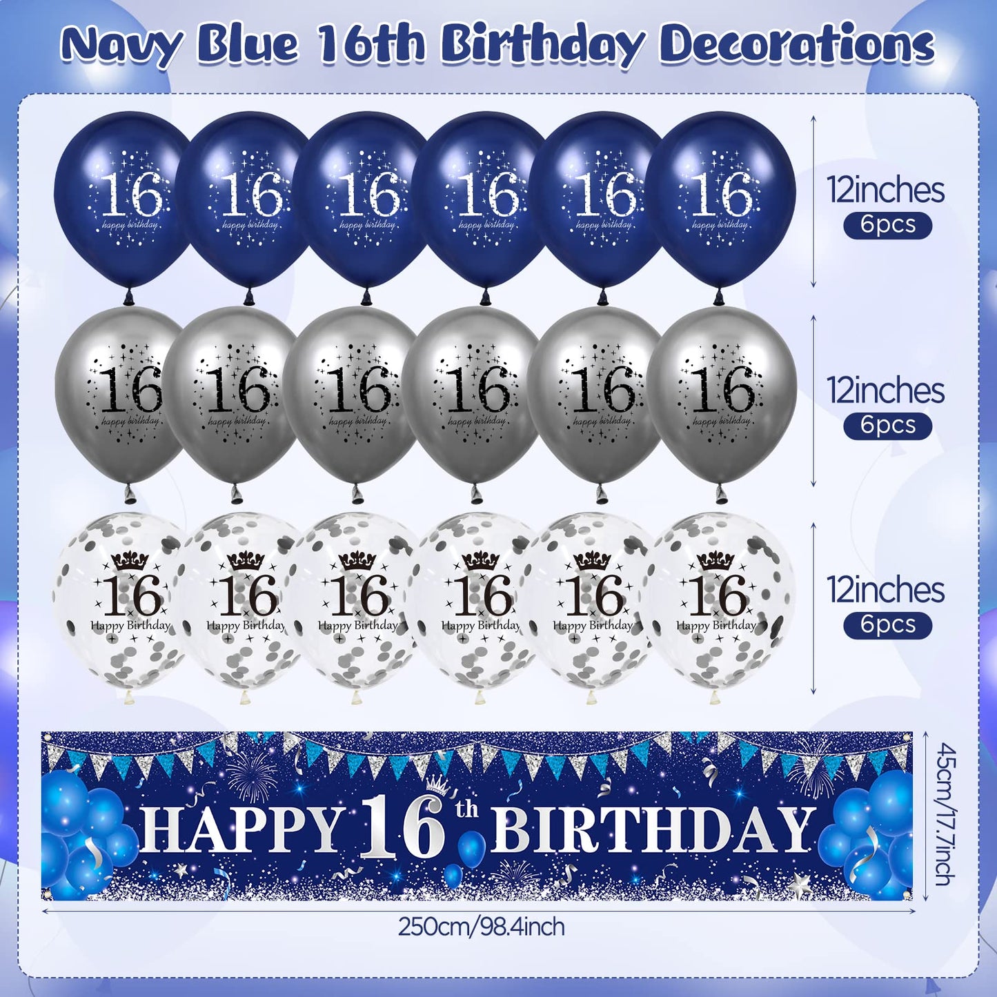 Blue 16Th Birthday Decorations For Boys Girls, Navy Blue Silver Happy 16Th Birthday Banner And 16Th Birthday Balloons For 16Th Birthday Anniversary Party Supplies, Sixteen Year Old Party Decorations