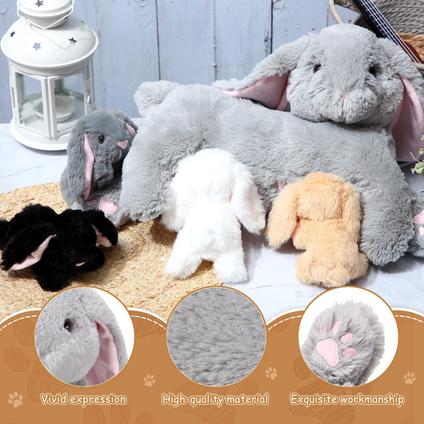 Hydren Nursing Bunny Stuffed Animal Plush Toys 15 Inch Plush Bunny Mommy With 4 Stuffed Magnetic Baby Rabbit Plushies For Kids B