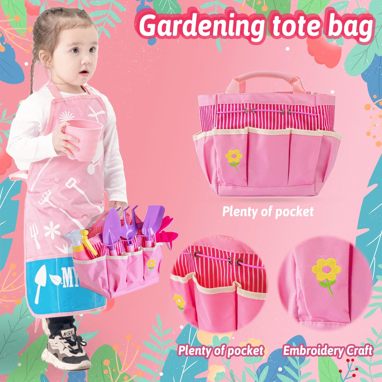 Joi Mew Kids Pink Gardening Tools Set, Garden Toys W/Metal Rake, Shovel, Trowel, Watering Can, Gloves, Tote Bag, Plant Pots, Diy