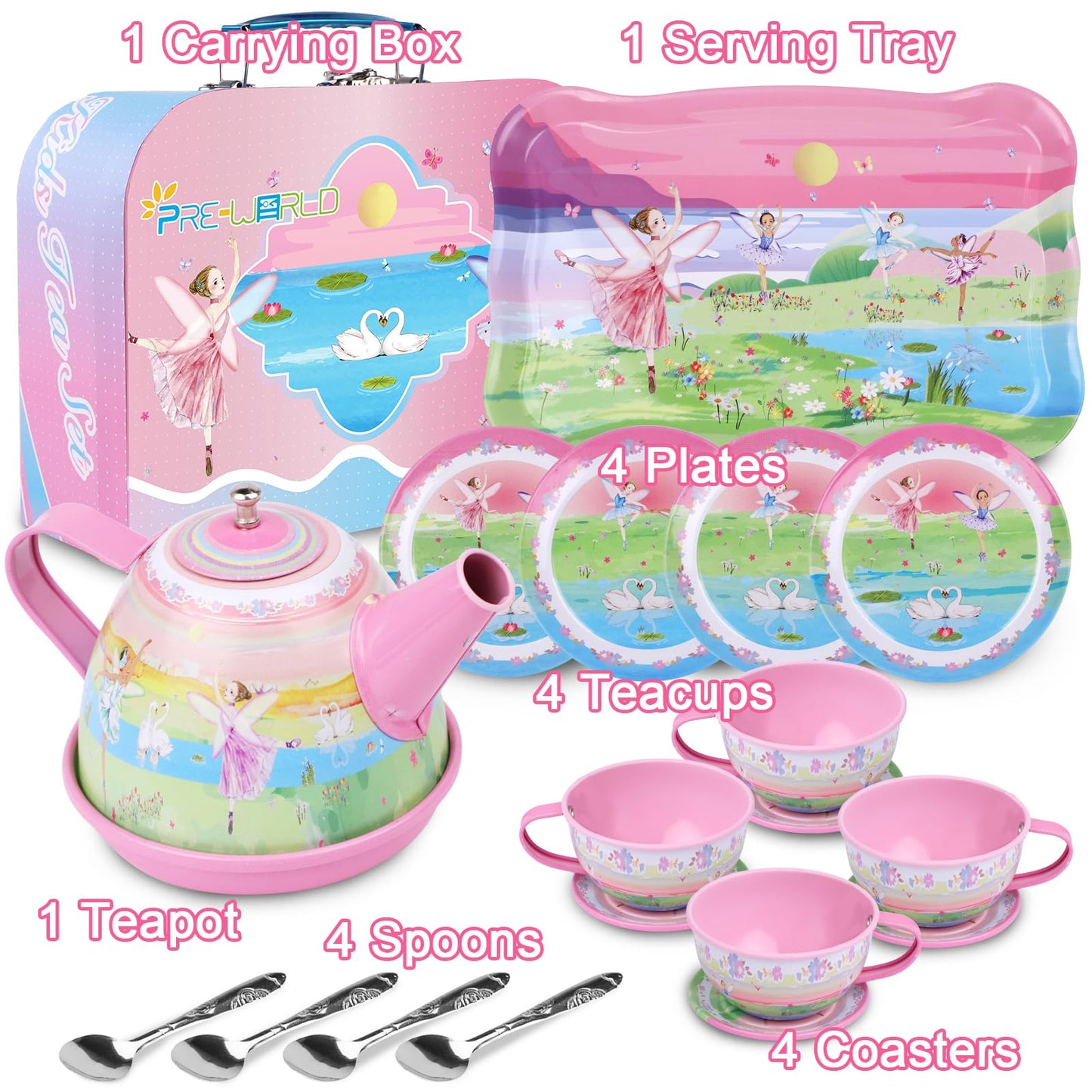 Tea Set for Little Girls,PRE-WORLD 50PCS Princess Tea Party Time Toy Including Dessert,Cookies,Doughnut,Teapot Tray Cake, Tablec