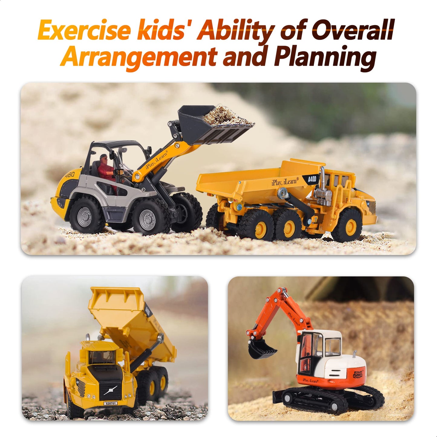 iPlay, iLearn Heavy Duty Construction Playset - Metal Dump Truck, Excavator, Bulldozer, Medium, Gold, Model QL-EUHW-CGJQ