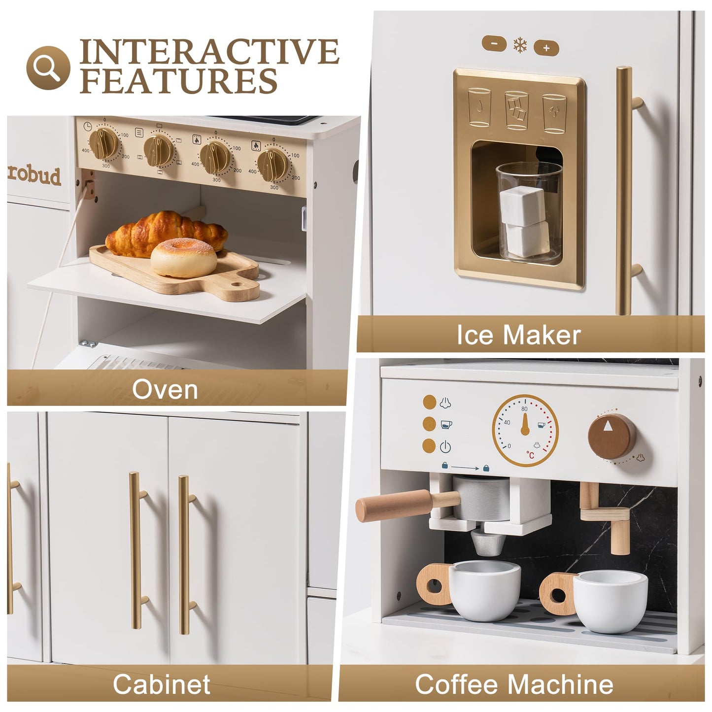 Robud Wooden Play Kitchen Set For Kids, Pretend Toy Kitchen With Ice Maker, Coffee Machine, Oven, Microwave, Cabinet, Utensils,