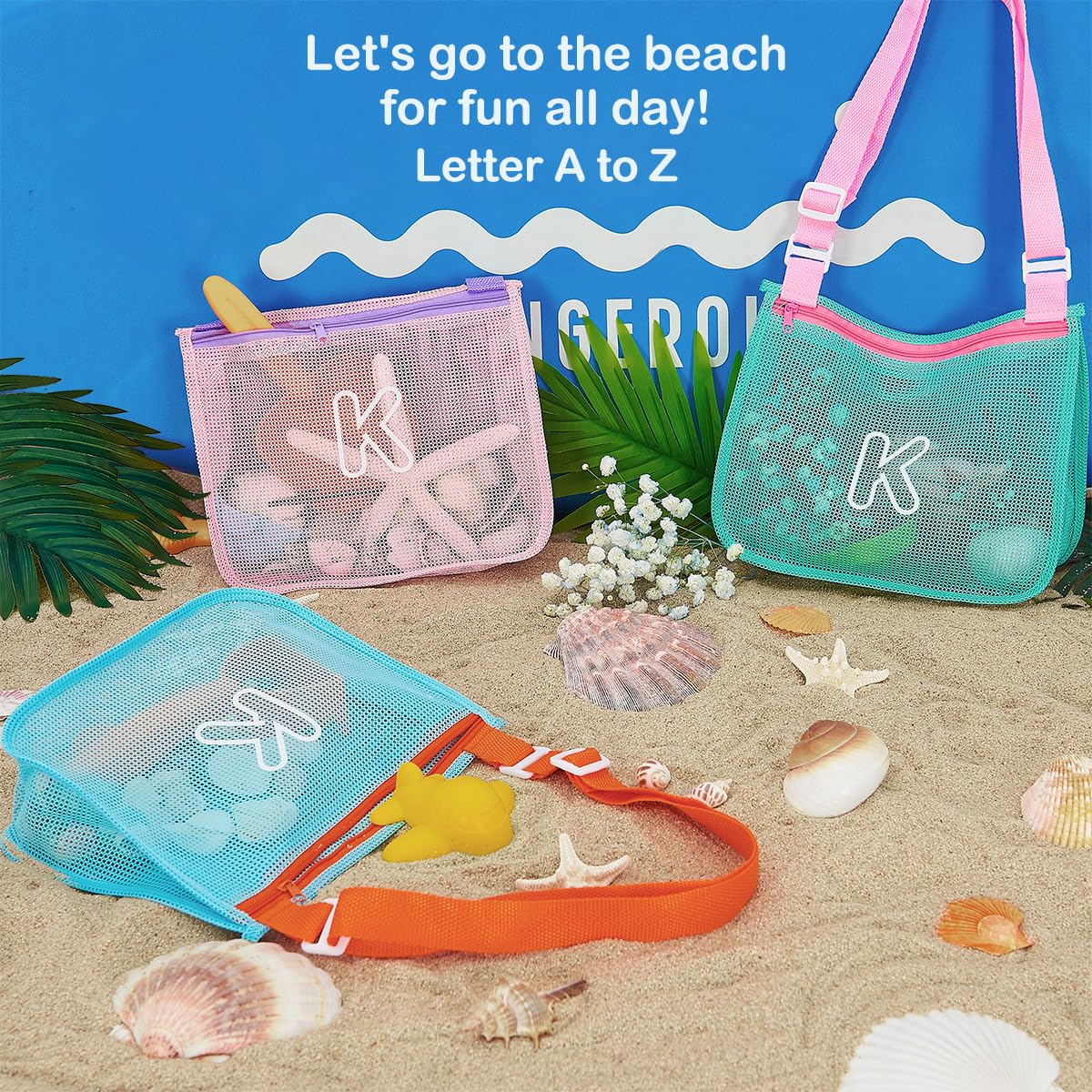 3Pcs Alphabet Printed Seashell Bags, Lightweight & Foldable Kids Beach Toy Mesh Bags with Adjustable Straps, Portable for Pool a