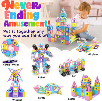 Dumma Magnetic Tiles Magnetic Blocks For 3 4 5 6 7+ Year Old Boys Girls Macaron Castle Magnetic Building Blocks For Toddlers 3-5, 4-8, Building Blocks For Kids Ages 3+ Birthday Gifts 124Pcs