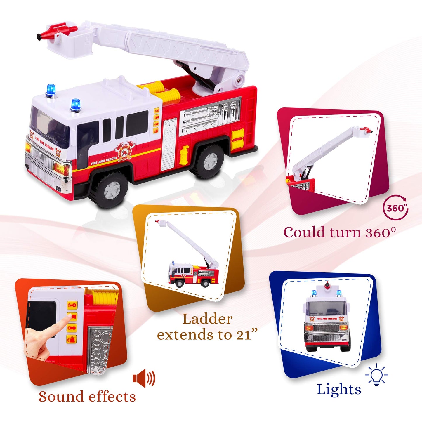 Playkidiz 15'' Fire Truck Toy for Kids with Lights and Siren Sounds, Classic Red and White Rolling Emergency Vehicle, Interactiv