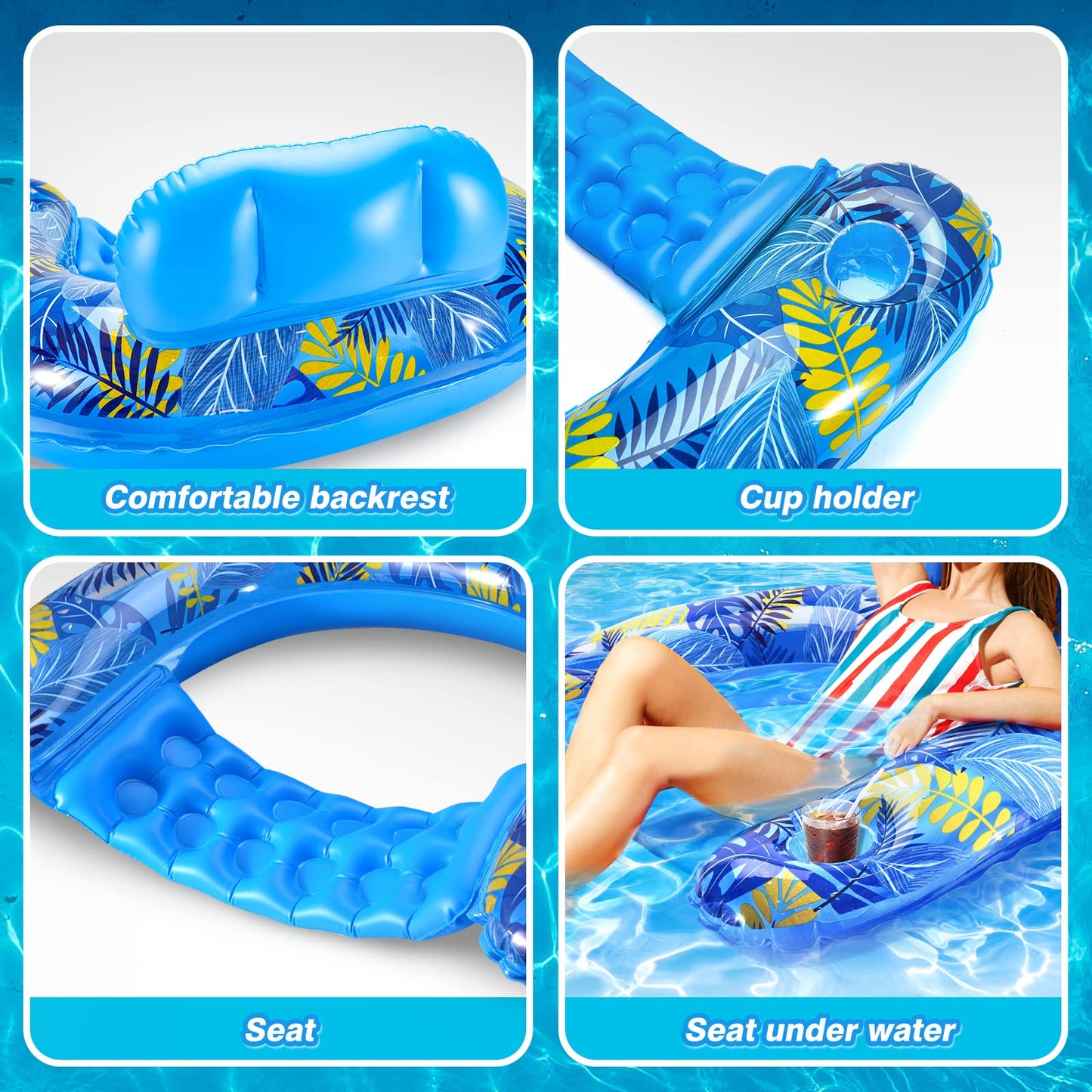 Inflatable Pool Float Chair, 2 Pack Pool Chair Floats For Swimming Pool Floats Adults Size Lounger With Backrest & Cup Holder, F