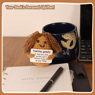 Funny Knitted Black Girl Doll With Positive Card - Adorable Long Hair Crochet Potato, Handmade Gift For Friends, Kids, Family, C