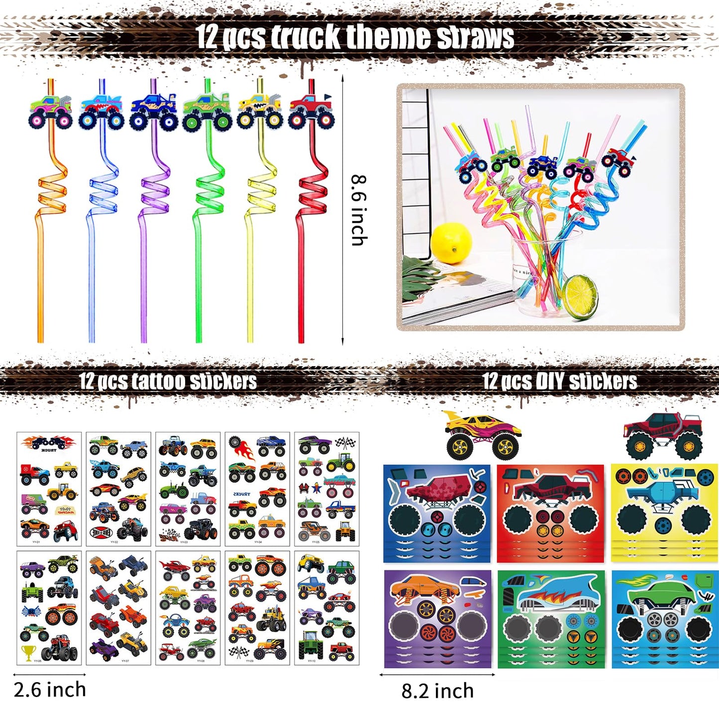 Xipegpa Truck Car Party Favors Set Truck Cars Keychains Slap Bracelet Diy Stickers Straws Car Bags For Kids Truck Car Themed Birthday Party Supplies Goodie Bag Fillers (Truck Car)