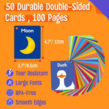 50 Pcs First Word Flashcards, Double Sided Learning Cards Alphabet, Foods, Animals, Shapes, Colors, Vehicle, Body Parts With 2 Reclosable Rings, Learning Tool For Pre-K Kindergarten Toddlers