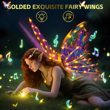 Maysida Gold Fairy Wings For Kids And Girls, Light-Up Electric Sparkling Wings Princess Halloween Set With Wand, Crown, Butterfl