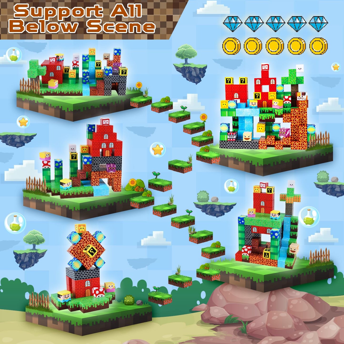 Toyunited Magnetic Blocks-150 Pcs Build Adventure Game Castle World Set - Magnetic Building Cubes Stacking, Stem Montessori Sens