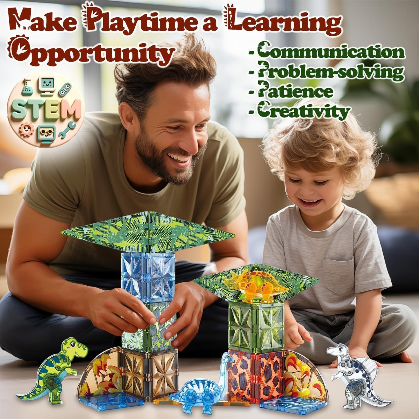Magnetic Tiles Dinosaur Toys For Kids 3-5 5-7 For Boys Ages 2-4 Magnet Building Blocks Toddler Toy Dinosaurs - Educational For Toddlers 1-3 Stem Learning Resources For Kids Ages 3 4 5 6 7 8 - Dinosaur