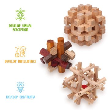 Wooden Brain Teaser Puzzles For Adults & Kids - 3D Puzzles Brain Games, Iq, Mind And Logic Test - Challenging Wood Educational Toys By Sharp Brain Zone
