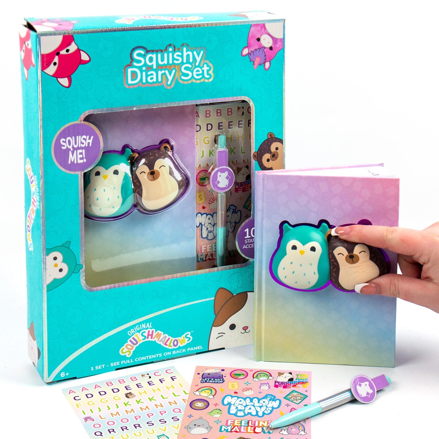 Squishmallows Squishy Diary Set - 5x7 Diary, 60 Sheets, Kawaii Stickers & Pen, Fun Journaling Kit for Kids, School Supplies, Journal for Girls