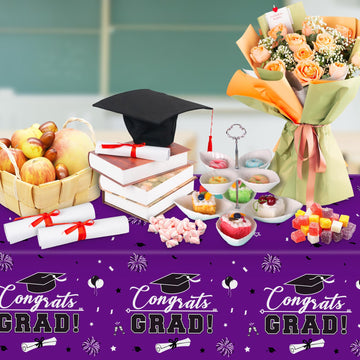3 Pcs Graduation Tablecloth - Congrats Grad Table Cloth For Class Of 2024, Disposable Plastic Rectangle Grad Table Cover For Graduation Party Decorations 2024 And Party Supplies, 54 X 108 Inch, Purple