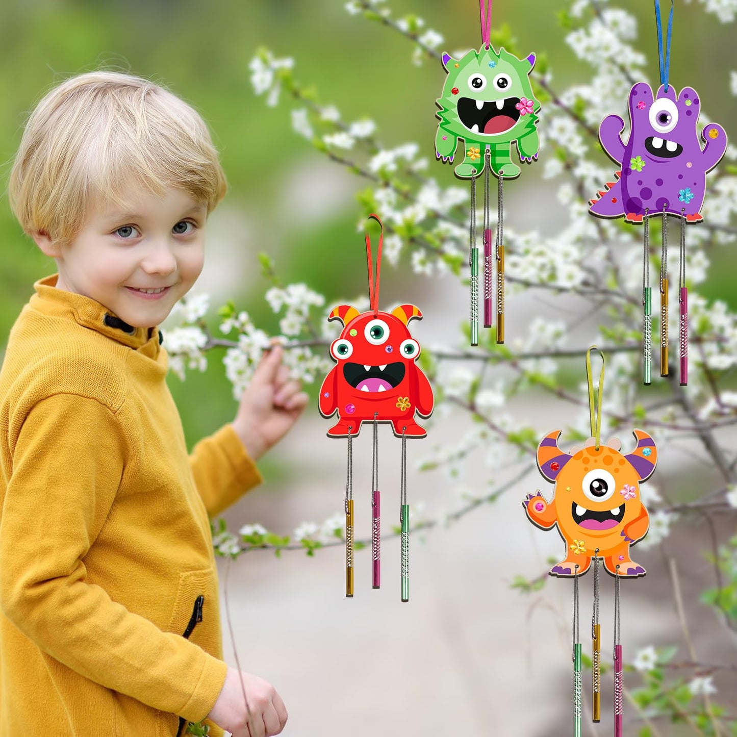 Fennoral 9 Pack Monster Wind Chime Kit For Kids Make Your Own Monster Wind Chimes Wooden Arts And Crafts For Girls Boys Diy Colo