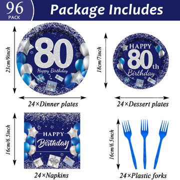 96 Pcs 80Th Birthday Party Supplies Navy Blue And Silver Birthday Plates 80Th Birthday Paper Tableware Happy Birthday Party Plat
