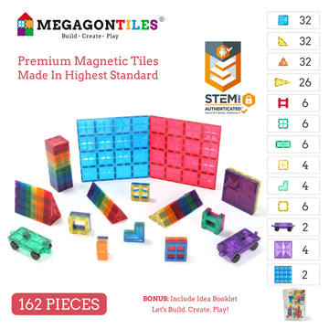 Megagontiles 162Pcs Premium Magnetic Tiles,Magnet Tiles,Stem Authenticated,Mega Magnet Tiles Set,Magnetic Blocks,Magnetic Toys,Magnetic Building Blocks,Magnetic Tile Toy,Boys Girls Age 3 4 5 6 7 8