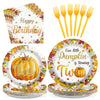 Grencian Fall Little Pumpkin 2nd Birthday Party Decoration - 96Pcs Little Pumpkin is Turning Two Plates Napkins Thanksgiving Bab