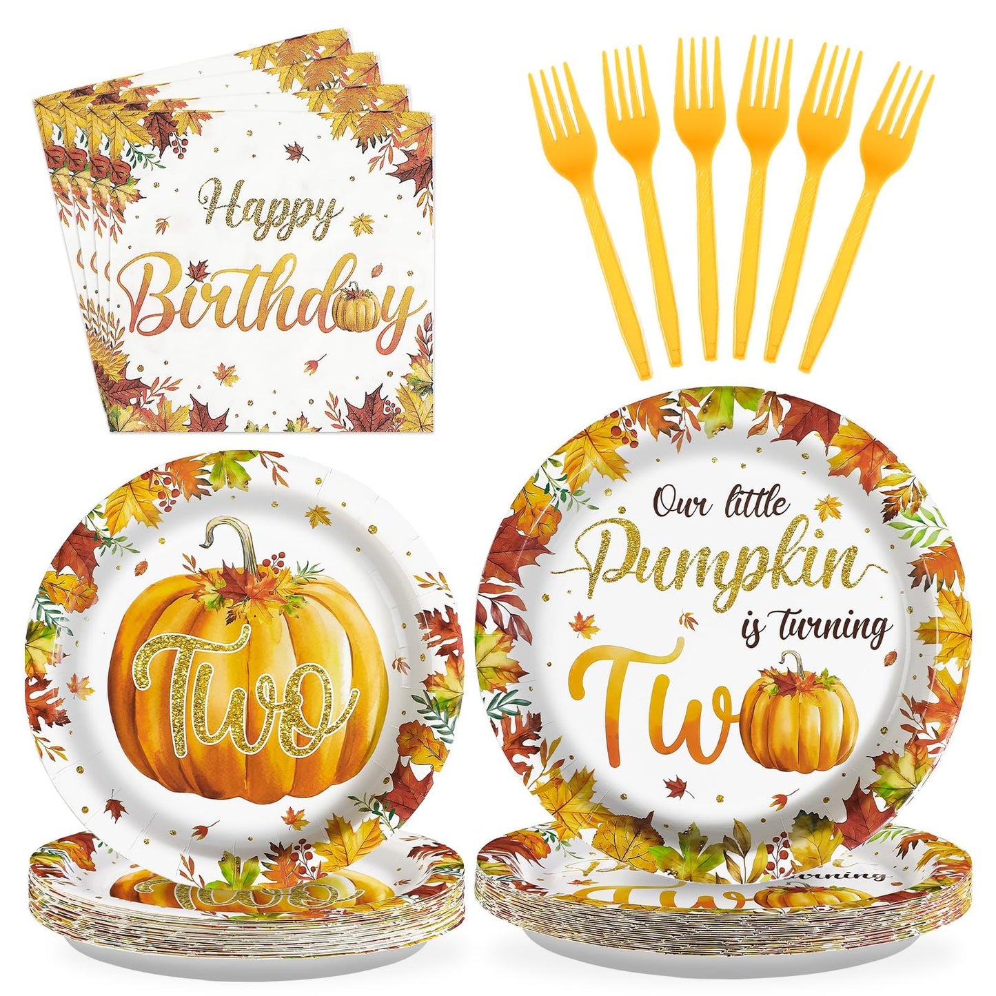 Grencian Fall Little Pumpkin 2nd Birthday Party Decoration - 96Pcs Little Pumpkin is Turning Two Plates Napkins Thanksgiving Bab