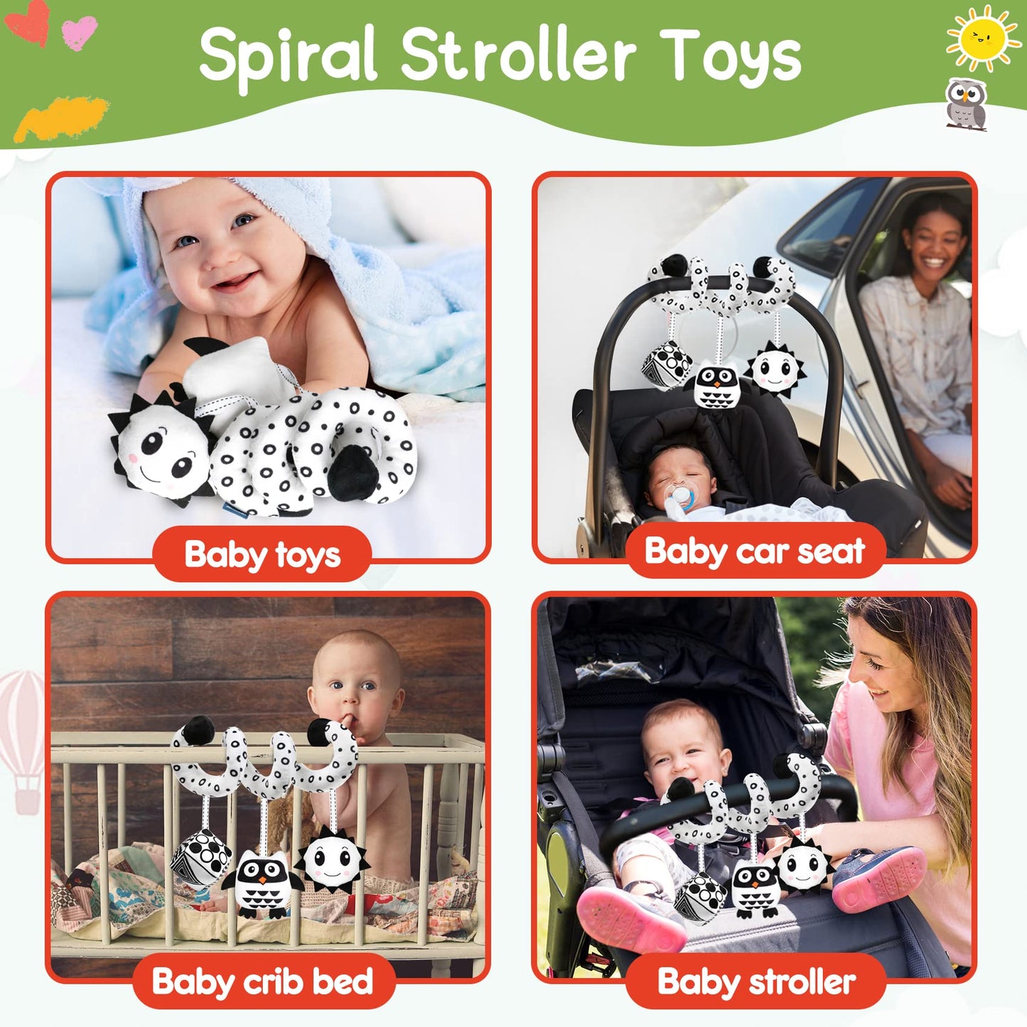 Gkdoms Baby Spiral Hanging Stroller And Car Seat Toys Black And White High Contrast Sensory Toy Newborn Plush Activity Toys Party Favors Quality Gifts For Baby Shower, Easter Basket Stuffers -Owl