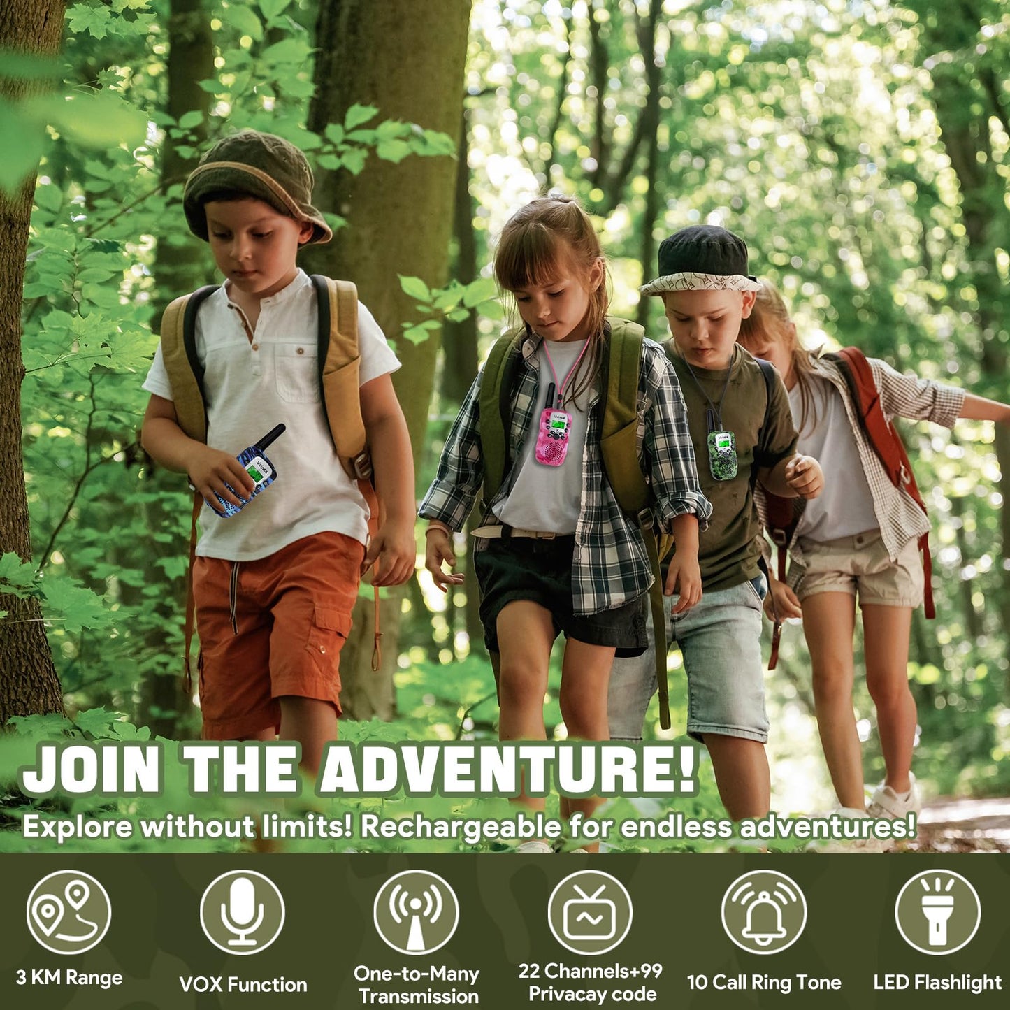 Vvinca Walkie Talkies For Kids Rechargeable 2 Pack, Army Toys For Boys Girls Ages 3-13 Outdoor Military Camping Toy, 3Km Long Ra