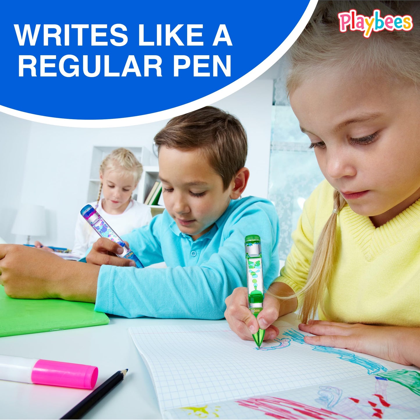 Playbees Liquid Motion Bubbler Pens Cool Pens For Kids (3 Pack) - Writes Like A Regular Pen - Colorful Liquid Timer Pens Great F