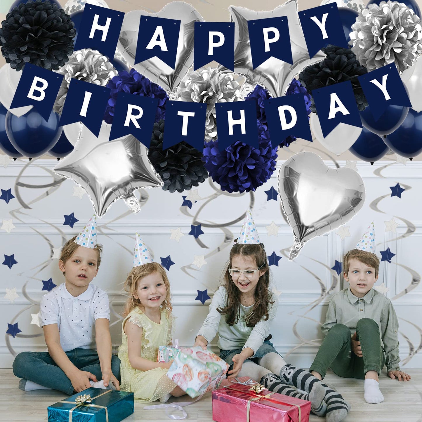Zerodeco Birthday Decorations For Men, Navy Blue Birthday Party Decorations Happy Birthday Banner Pompoms Balloon For Boys Girls
