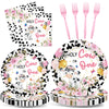 Gisgfim 96Pcs Holy Cow I'M One Party Supplies Pink Cow Print Paper Plates Napkins Cow First Party Tableware Set Cow Floral Dinne