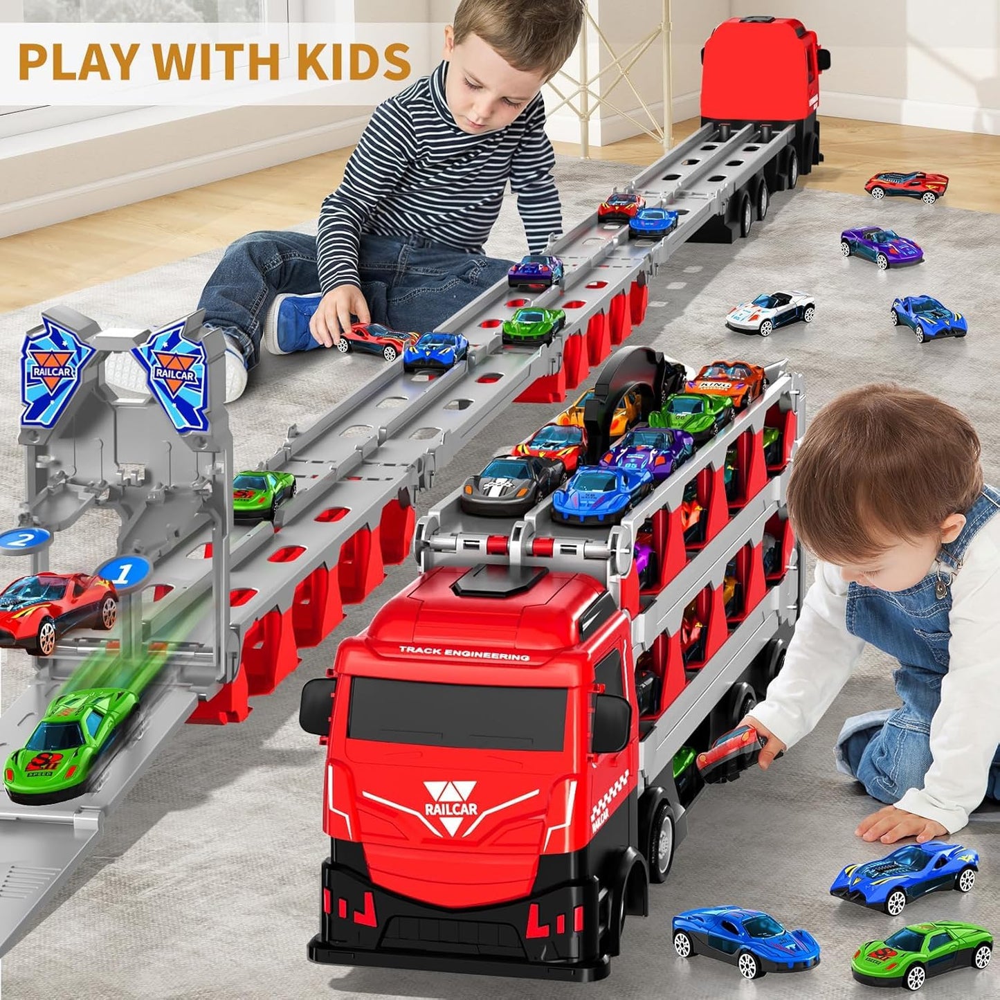 MSKOLER Racing Car Railway Truck Toy for Boys 2 3 4 5 6 7 Years Old - 78.7-inch Transport Carrier Trucks, Foldable Tracks Storag
