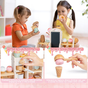 Wooden Ice Cream and Coffee Play Set for Kids, Pretend Play Toy Ice Cream Shop & Coffee Maker for Toddlers Ages 3-5, for Boys &