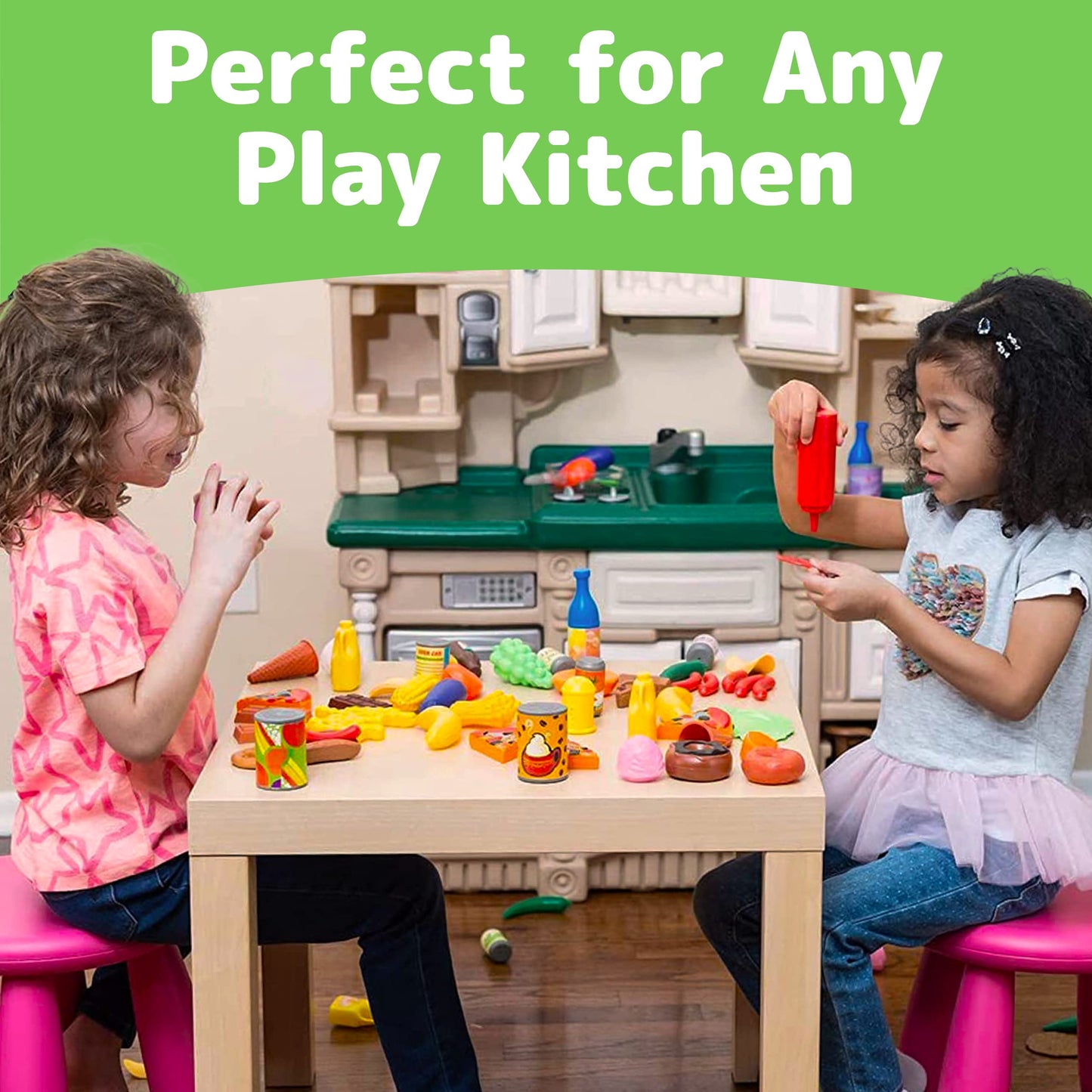 Jaxojoy 122 Piece Pretend Play Food Set for Kids - Toy Food for Kids Kitchen Set, Pretend Play Kitchen Food, Kids Kitchen Access
