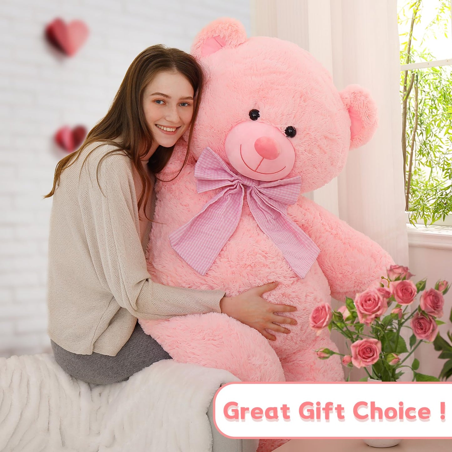 Morismos 5Ft Giant Pink Teddy Bear Stuffed Animal, Large Teddy Bear Plush Toy With Footprints And Bow, Gift For Girlfriend, Wife, Girls At Birthday Valentines, Christmas, Baby Shower Decor