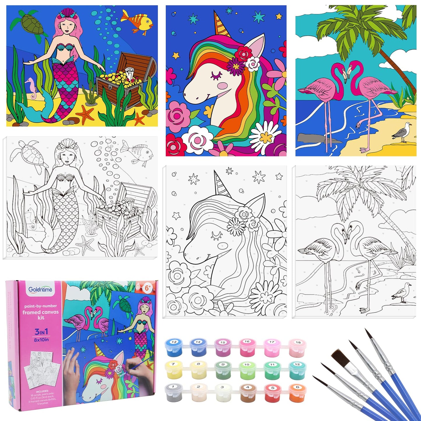 Goldentime 3 Framed Canvas Paint By Numbers For Kids Ages 6 8 10 12 -Easy Paint By Numbers Kit For Kids And Adults -Unicorn Pain
