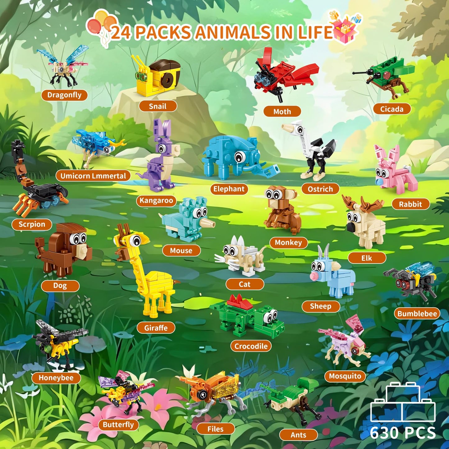 Party Favors For Kids - 24 Pack 72 Kinds Of Animals Building Block Toy Goodie Bags Classroom Carnival Prizes Stuffers Easter Gif