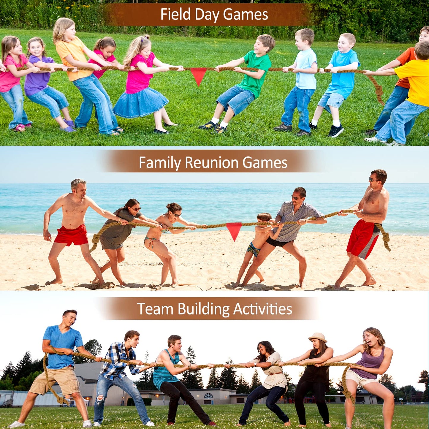 WYRJXYB Field Day Tug a War Rope Games 60FT for Kids and mature-themed Outdoor Outside Activities Carnival Easter Games for Kids Family Reunion Birthday Party Lawn Picnic Yard Game for Team Building Brown