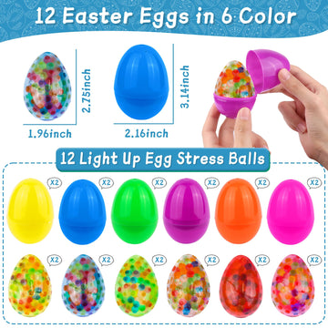 12 Pack Easter Egg Fillers With 12 Light Up Egg Shaped Fidget Stress Balls, Squeeze Stress Relief Toys Filled Easter Eggs Hunts