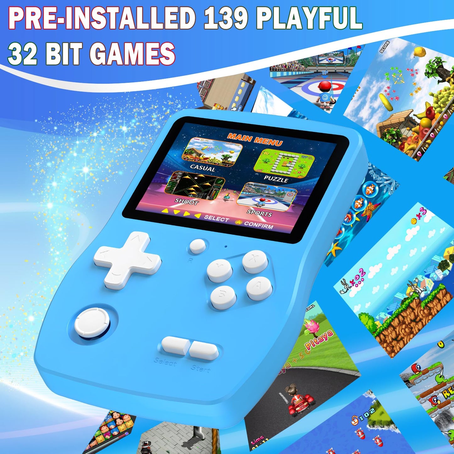 Great Boy 32 Bit Handheld Games Toys For Kids With 139 Video Games Boys Girls Children'S 3.0 Inches Ips Screen Rechargeable Gami