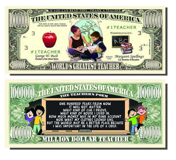 AAC / PCSCP Set of 10 World's Greatest Teacher Million Dollar Bills with Bonus Bill
