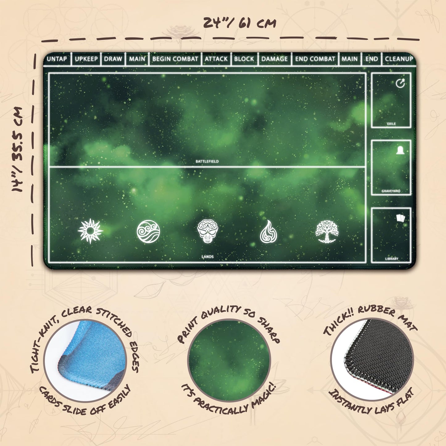 Paramint Cosmic Green Playmat With Zones (Stitched) - Mtg Playmat - Compatible With Magic The Gathering Playmat - Play Mtg, Yugi