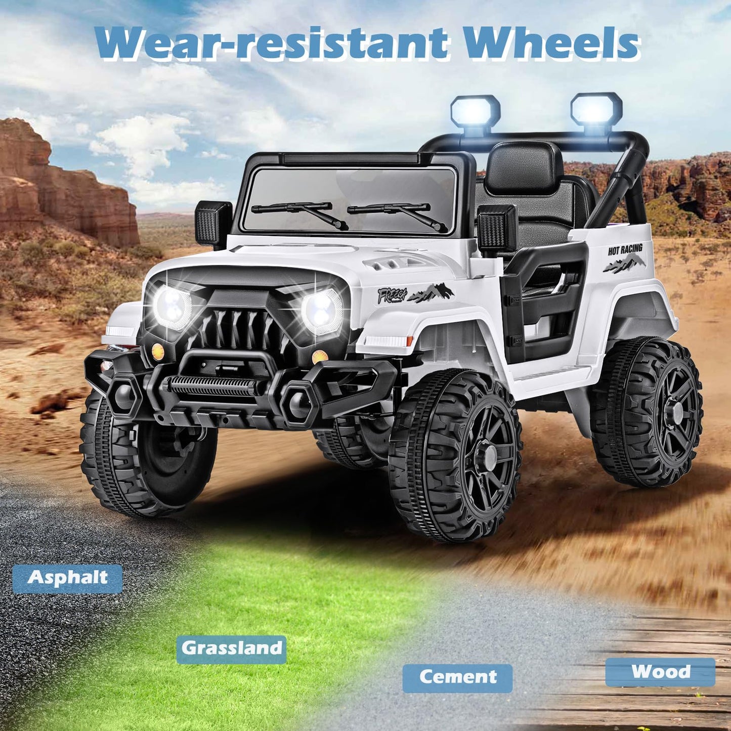 Olakids Ride On Truck, 12V Battery Powered Electric Vehicle For Kids With Remote Control, Bluetooth, Power Display, Led Lights, Music Player, Ride On Toy For 3+ Boys Girls (White)