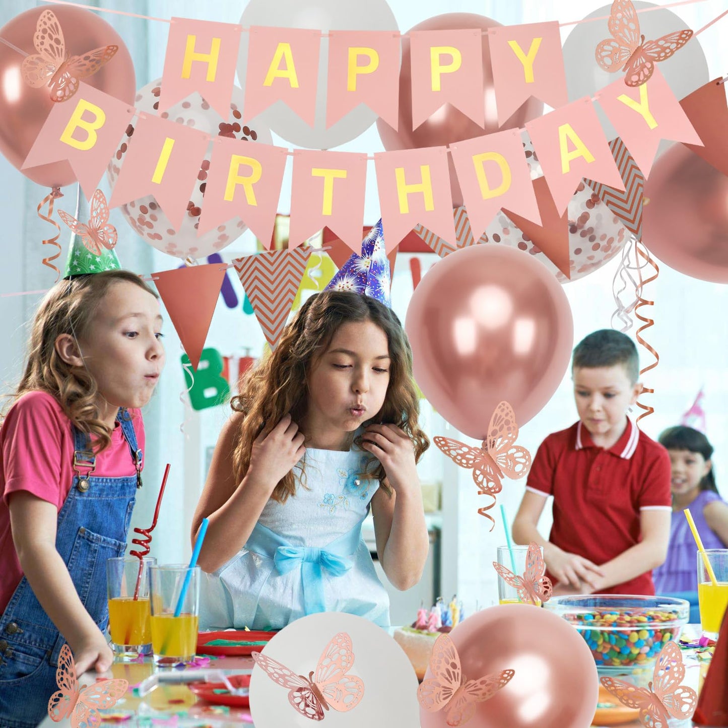 Rose Gold Birthday Decoration, 18 Pcs 12 Inch Happy Birthday Banner With Butterfly Stickers And Balloons For Girl And Women Happ