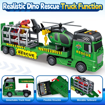 Toddler Boy Toys for 3 4 5 6 7 Years Kids, 23'' Semi Flatbed Truck Toy with a Dinosaure Truck, Friction Powered Vehicles Toys wi