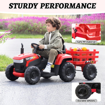 Tobbi 12V Battery-Powered Toy Tractor With Trailer And 35W Dual Motors,3-Gear-Shift Ground Loader Ride On With Led Lights And Usb Audio Functions In Red