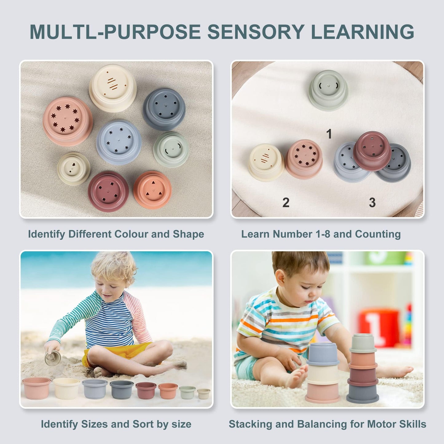 Baby Stacking Cups Bath Toy For Toddlers 1-3,8Pcs Stackable Nesting Cups Water Pool Tub Toy For 6-12 Months Infant,Early Educational Develop Montessori Gift For 2-4 Years Old Boys Girls
