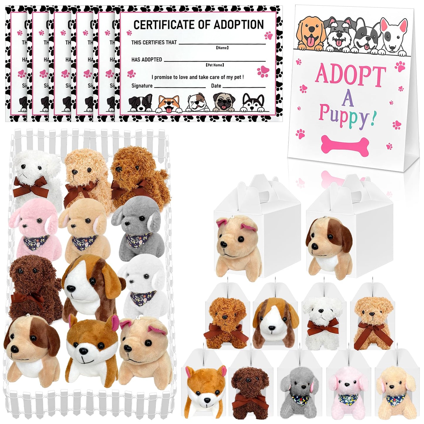 Jiytivity 38 Pcs Adopt A Puppy Favors Include 12 Foldable Puppy Boxes 12 Mini Dog Stuffed 12 Adopt Cards 1 Adopt Sign1 Fence For